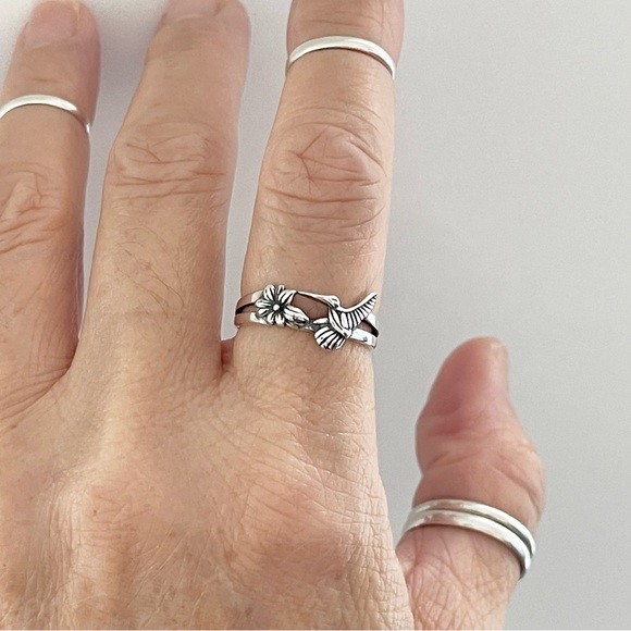 Sterling Silver Flower and Hummingbird Ring, Bird Ring, Silver Rings, Animals - Picture 4 of 14